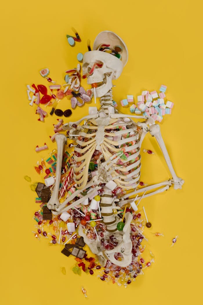 A playful Halloween composition featuring a skeleton surrounded by assorted candies on a bright yellow background.